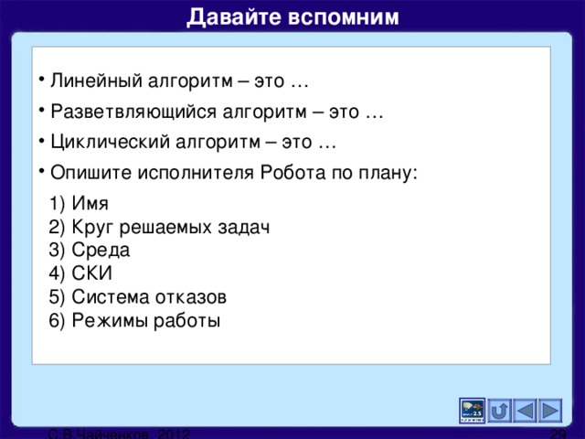 Давайте вспомним   Линейный алгоритм – это …  Разветвляющийся алгоритм – это …  Циклический алгоритм – это …  Опишите исполнителя Робота по плану:  1) Имя  2) Круг решаемых задач  3) Среда  4) СКИ  5) Система отказов  6) Режимы работы