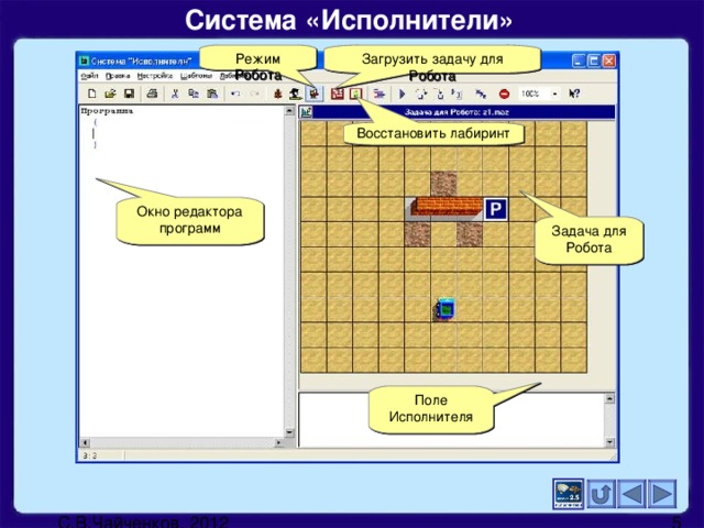 Система «Исполнители» Режим Робота Загрузить задачу для Робота Восстановить лабиринт Окно редактора программ Задача для Робота Поле Исполнителя