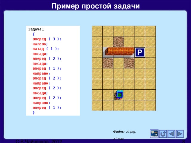 Пример простой задачи Задача1  {  вперед  ( 3 );  налево ;  назад  ( 1 );  посади ;  вперед  ( 2 );  посади ;  вперед  ( 1 );  направо ;  вперед  ( 2 );  направо ;  вперед  ( 2 );  посади ;  вперед  ( 2 );  направо ;  вперед  ( 1 );   } Файлы  z1.prg, z1.maz