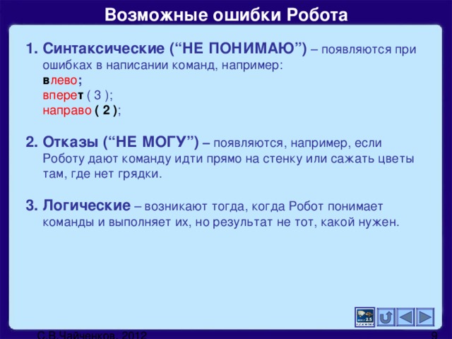 Возможные ошибки Робота 1. Синтаксические (“НЕ ПОНИМАЮ”)  – появляются при ошибках в написании команд, например:   в лево ;   впере т ( 3 );   направо  ( 2 ) ;  2. Отказы (“НЕ МОГУ”) – появляются, например, если Роботу дают команду идти прямо на стенку или сажать цветы там, где нет грядки.  3. Логические – возникают тогда, когда Робот понимает команды и выполняет их, но результат не тот, какой нужен.