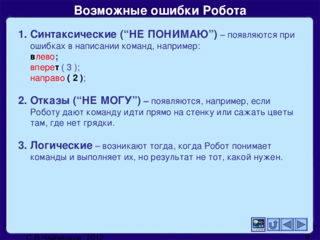 Возможные ошибки Робота 1. Синтаксические (“НЕ ПОНИМАЮ”)  – появляются при ошибках в написании команд, например:   в лево ;   впере т ( 3 );   направо  ( 2 ) ;  2. Отказы (“НЕ МОГУ”) – появляются, например, если Роботу дают команду идти прямо на стенку или сажать цветы там, где нет грядки.  3. Логические – возникают тогда, когда Робот понимает команды и выполняет их, но результат не тот, какой нужен.