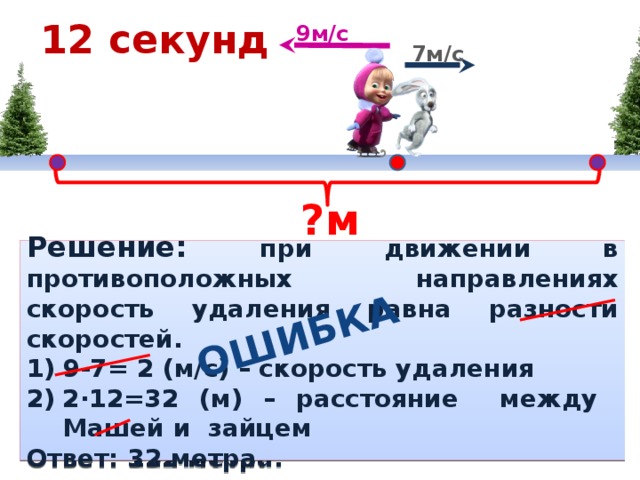 12 секунд ОШИБКА 9м/с 7м/с ?м Решение: при движении в противоположных направлениях скорость удаления равна сумме скоростей. Решение: при движении в противоположных направлениях скорость удаления равна разности скоростей. 9-7= 2 (м/с) – скорость удаления 2·12=32 (м) – расстояние между Машей и зайцем 9+7= 16 (м/с) – скорость удаления 16·12=192 (м) – расстояние между Машей и зайцем Ответ: 32 метра. Ответ: 192 метра.