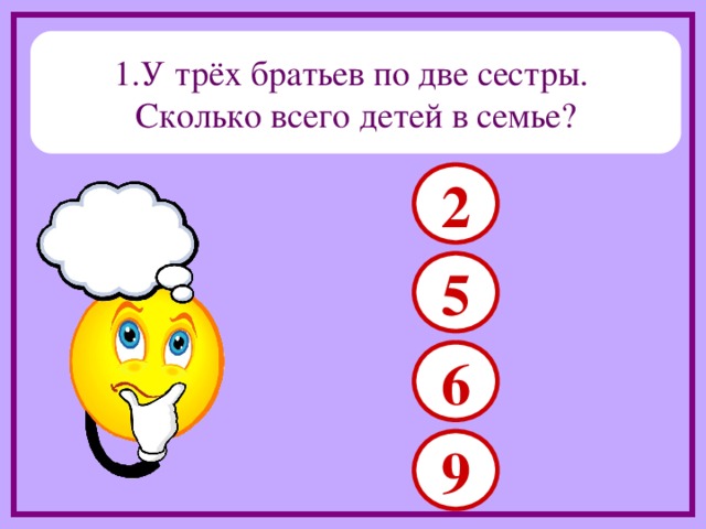 У трёх братьев по две сестры. Сколько всего детей в семье? 2 5 6 9 