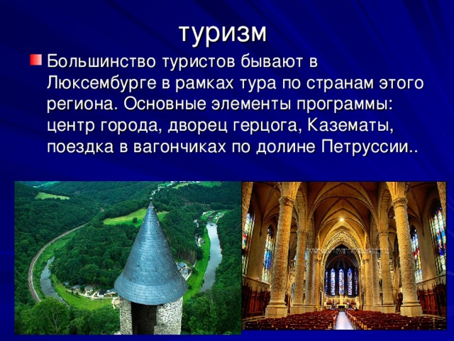 туризм Большинство туристов бывают в Люксембурге в рамках тура по странам этого региона. Основные элементы программы: центр города, дворец герцога, Казематы, поездка в вагончиках по долине Петруссии.. 