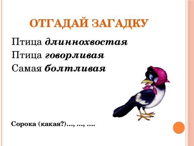 Отгадай загадку Птица длиннохвостая Птица говорливая Самая болтливая Сорока (какая?)…, …, …. 