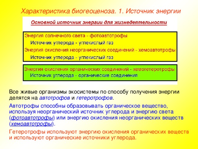 Характеристика биогеоценоза. 1. Источник энергии Все живые организмы экосистемы по способу получения энергии делятся на автотрофов и гетеротрофов . Автотрофы способны образовывать органическое вещество, используя неорганический источник углерода и энергию света ( фотоавтотрофы ) или энергию окисления неорганических веществ ( хемоавтотрофы ). Гетеротрофы используют энергию окисления органических веществ и используют органические источники углерода.  