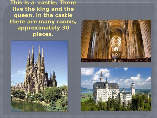 This is a castle. There live the king and the queen. In the castle there are many rooms, approximately 30 pieces. 