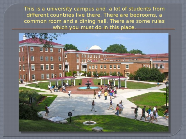This is a university campus and a lot of students from different countries live there. There are bedrooms, a common room and a dining hall. There are some rules which you must do in this place. 