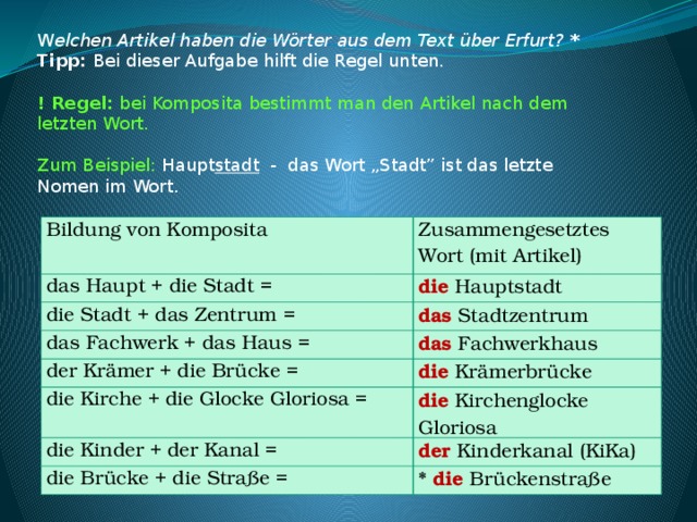 W elchen Artikel haben die Wörter aus dem Text über Erfurt? * Tipp: Bei dieser Aufgabe hilft die Regel unten.  ! Regel: bei Komposita bestimmt man den Artikel nach dem letzten Wort. Zum Beispiel: Haupt stadt - das Wort „Stadt” ist das letzte Nomen im Wort. Bildung von Komposita Zusammengesetztes Wort (mit Artikel) das Haupt + die Stadt = die Hauptstadt die Stadt + das Zentrum = das Stadtzentrum das Fachwerk + das Haus = das Fachwerkhaus der Krämer + die Brücke = die Krämerbrücke die Kirche + die Glocke Gloriosa = die Kirchenglocke Gloriosa die Kinder + der Kanal = der Kinderkanal (KiKa) die Brücke + die Straße = * die Brückenstraße 