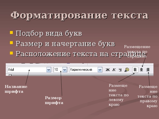 Размещение текста по середине Размещение текста по левому краю Название шрифта Размещение текста по правому краю Размер шрифта 