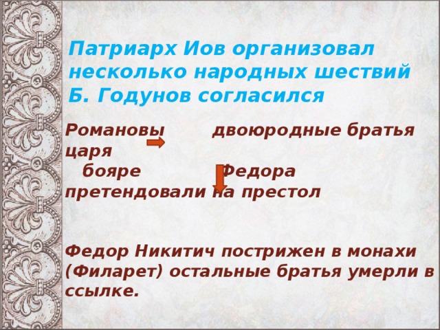 Патриарх Иов организовал несколько народных шествий Б. Годунов согласился Романовы двоюродные братья царя  бояре Федора претендовали на престол   Федор Никитич пострижен в монахи (Филарет) остальные братья умерли в ссылке. 