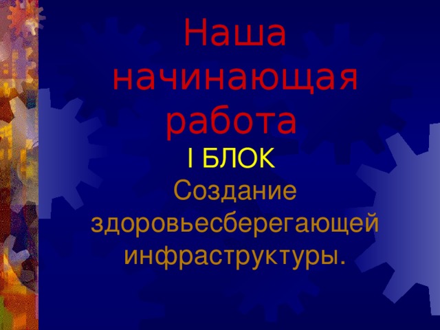 Наша начинающая работа    І БЛОК   Создание здоровьесберегающей инфраструктуры . 