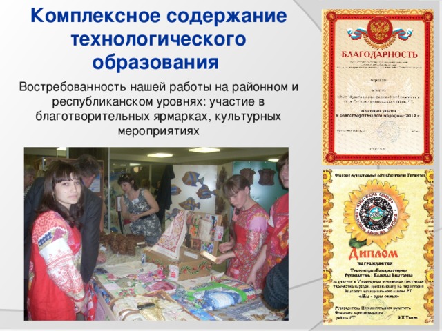Комплексное содержание технологического образования  Востребованность нашей работы на районном и республиканском уровнях: участие в благотворительных ярмарках, культурных мероприятиях 