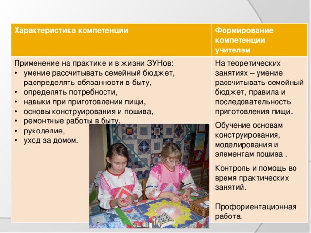 Характеристика компетенции  Формирование компетенции Применение на практике и в жизни ЗУНов: учителем умение рассчитывать семейный бюджет, распределять обязанности в быту, определять потребности, навыки при приготовлении пищи, основы конструирования и пошива, ремонтные работы в быту, рукоделие, уход за домом. На теоретических занятиях – умение рассчитывать семейный бюджет, правила и последовательность приготовления пищи. Обучение основам конструирования, моделирования и элементам пошива . Контроль и помощь во время практических занятий. Профориентационная работа. Социально-трудовая компетенция     