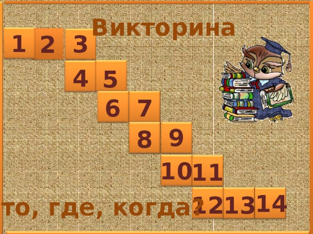 Викторина 1 3 2 4 5 6 7 9 8 10 11 14 12 13 Что, где, когда?  