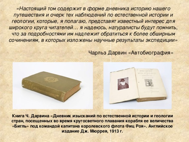 «Настоящий том содержит в форме дневника историю нашего путешествия и очерк тех наблюдений по естественной истории и геологии, которые, я полагаю, представят известный интерес для широкого круга читателей… я надеюсь, натуралисты будут помнить, что за подробностями им надлежит обратиться к более обширным сочинениям, в которых изложены научные результаты экспедиции»       Чарльз Дарвин «Автобиография» Книга Ч. Дарвина «Дневник изысканий по естественной истории и геологии стран, посещенных во время кругосветного плавания корабля ее величества «Бигль» под командой капитана королевского флота Фиц Роя». Английское издание Дж. Мюррея, 1913 г. 