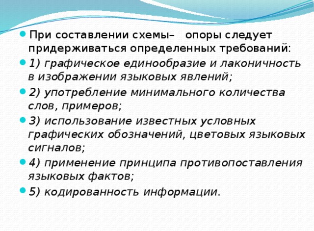 При составлении схемы– опоры следует придерживаться определенных требований: 1) графическое единообразие и лаконичность в изображении языковых явлений; 2) употребление минимального количества слов, примеров; 3) использование известных условных графических обозначений, цветовых языковых сигналов; 4) применение принципа противопоставления языковых фактов; 5) кодированность информации.  