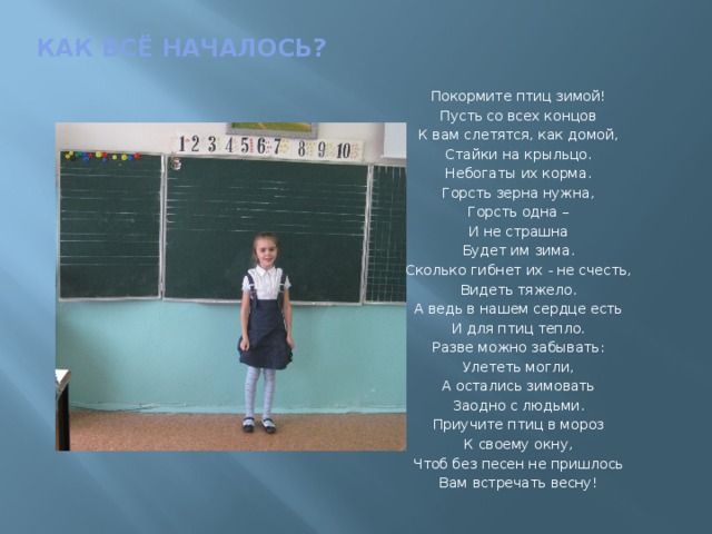 Как всё началось? Покормите птиц зимой! Пусть со всех концов К вам слетятся, как домой, Стайки на крыльцо. Небогаты их корма. Горсть зерна нужна, Горсть одна – И не страшна Будет им зима. Сколько гибнет их - не счесть, Видеть тяжело. А ведь в нашем сердце есть И для птиц тепло. Разве можно забывать: Улететь могли, А остались зимовать Заодно с людьми. Приучите птиц в мороз К своему окну, Чтоб без песен не пришлось Вам встречать весну!  