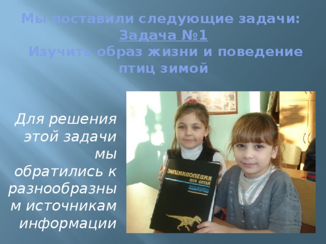 Мы поставили следующие задачи:  Задача №1  Изучить образ жизни и поведение птиц зимой Для решения этой задачи мы обратились к разнообразным источникам информации 