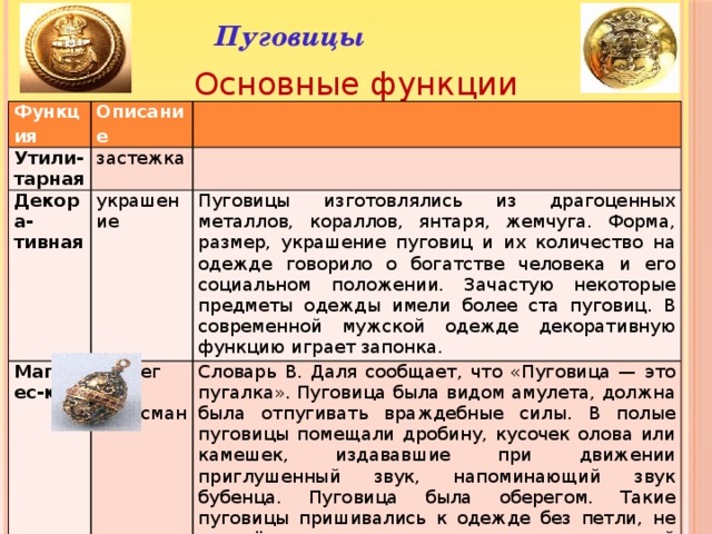  Пуговицы Основные функции пуговиц Функция Утили-тарная Описание Декора-тивная застежка     украшение Магичес-кая Пуговицы изготовлялись из драгоценных металлов, кораллов, янтаря, жемчуга. Форма, размер, украшение пуговиц и их количество на одежде говорило о богатстве человека и его социальном положении. Зачастую некоторые предметы одежды имели более ста пуговиц. В современной мужской одежде декоративную функцию играет запонка.  оберег или талисман Инфор-матив Словарь В. Даля сообщает, что «Пуговица — это пугалка». Пуговица была видом амулета, должна была отпугивать враждебные силы. В полые пуговицы помещали дробину, кусочек олова или камешек, издававшие при движении приглушенный звук, напоминающий звук бубенца. Пуговица была оберегом. Такие пуговицы пришивались к одежде без петли, не пристёгивались, и не имели утилитарной функции. ная Опознава-тельный знак Пуговица используется, как знак принадлежности к определенной группе, профессии, роду войск (сил) и т. д. (служебные мундиры, ливреи и т. п.) 