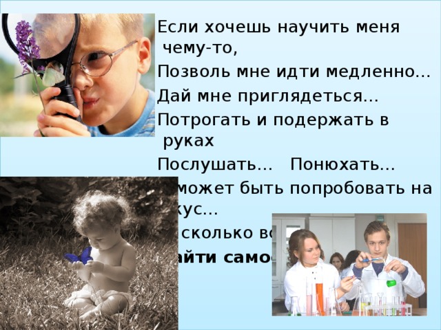  Если хочешь научить меня чему-то,  Позволь мне идти медленно…  Дай мне приглядеться…  Потрогать и подержать в руках  Послушать… Понюхать…  И может быть попробовать на вкус…  О, сколько всего я смогу  Найти самостоятельно! 