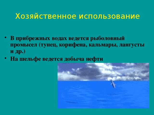 Хозяйственное использование В прибрежных водах ведется рыболовный промысел (тунец, корифена, кальмары, лангусты и др.) На шельфе ведется добыча нефти 