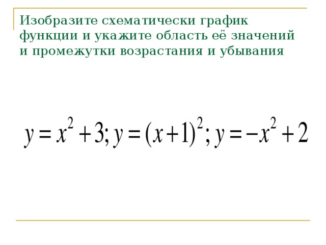 Изобразите схематически график функции и укажите область её значений и промежутки возрастания и убывания