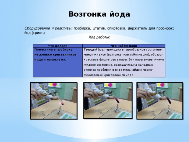 Возгонка йода Оборудование и реактивы: пробирка, штатив, спиртовка, держатель для пробирок; йод (крист.) Ход работы: Что делали Что наблюдали Поместила в пробирку несколько кристалликов иода и нагрела их. Твердый йод переходил в газообразное состояние, минуя жидкое (возгонка, или сублимация), образуя красивые фиолетовые пары. Эти пары вновь, минуя жидкое состояние, осаждались на холодных стенках пробирки в виде мельчайших черно-фиолетовых кристалликов иода. 