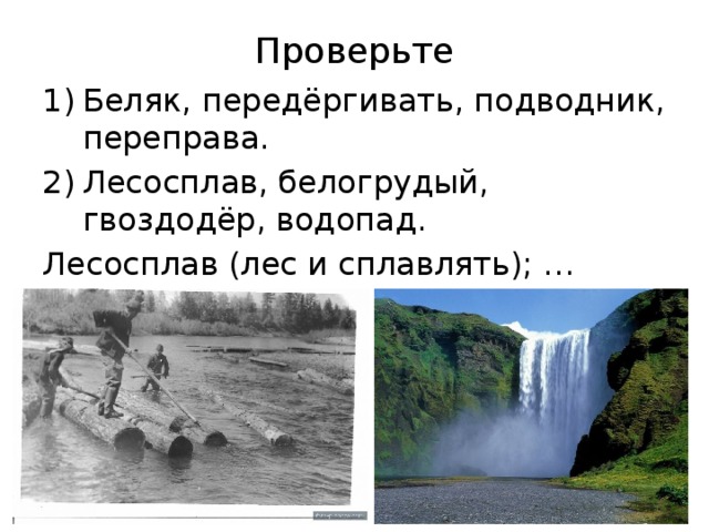 Проверьте Беляк, передёргивать, подводник, переправа. Лесосплав, белогрудый, гвоздодёр, водопад. Лесосплав (лес и сплавлять); … 