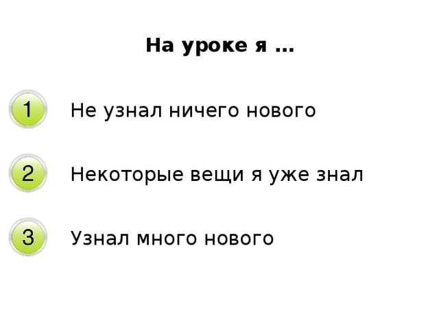 На уроке я … Не узнал ничего нового Некоторые вещи я уже знал Узнал много нового