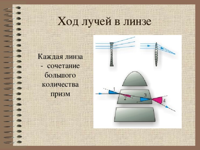 Ход лучей в линзе Каждая линза - сочетание большого количества призм http : //www.fizika.ru  