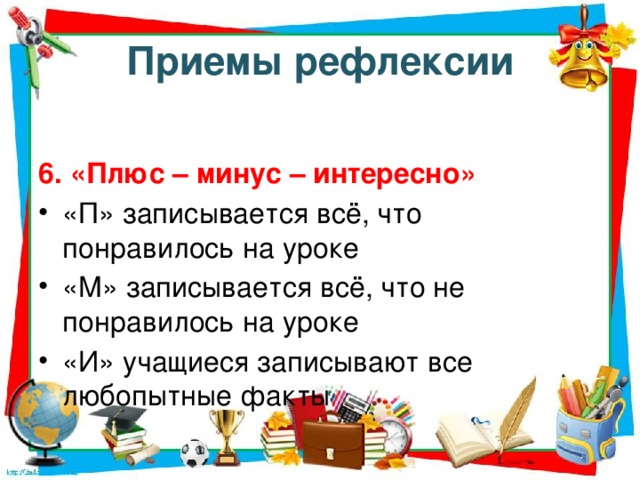 Приемы рефлексии 6. «Плюс – минус – интересно»