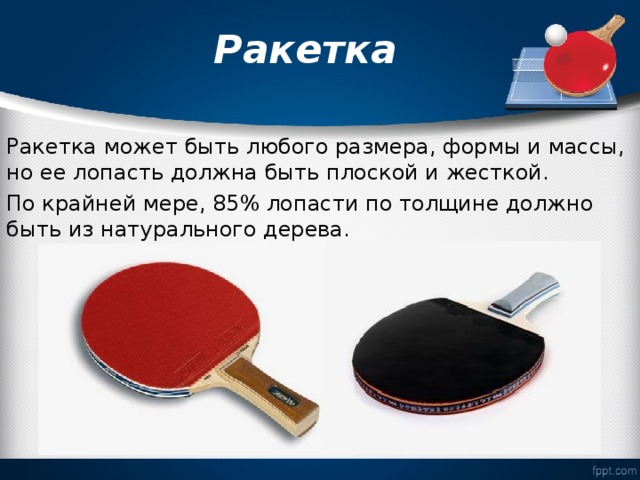  Ракетка   Ракетка может быть любого размера, формы и массы, но ее лопасть должна быть плоской и жесткой. По крайней мере, 85% лопасти по толщине должно быть из натурального дерева. 