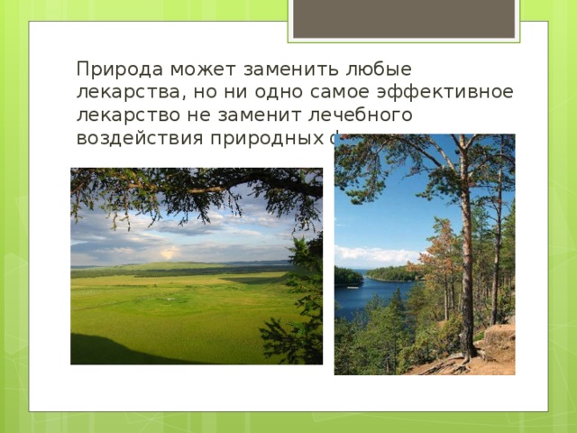 Природа может заменить любые лекарства, но ни одно самое эффективное лекарство не заменит лечебного воздействия природных факторов. 