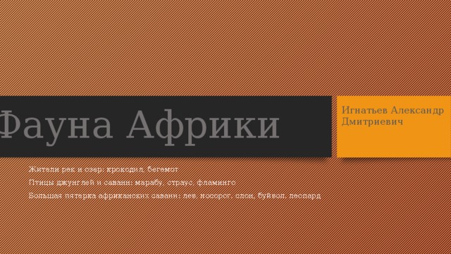 Фауна Африки Игнатьев Александр Дмитриевич Жители рек и озер: крокодил, бегемот Птицы джунглей и саванн: марабу, страус, фламинго Большая пятерка африканских саванн: лев, носорог, слон, буйвол, леопард  