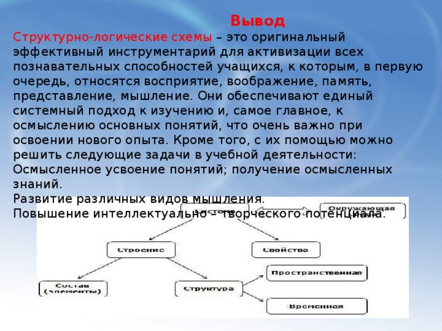  Вывод Структурно-логические схемы – это оригинальный эффективный инструментарий для активизации всех познавательных способностей учащихся, к которым, в первую очередь, относятся восприятие, воображение, память, представление, мышление. Они обеспечивают единый системный подход к изучению и, самое главное, к осмыслению основных понятий, что очень важно при освоении нового опыта. Кроме того, с их помощью можно решить следующие задачи в учебной деятельности: Осмысленное усвоение понятий; получение осмысленных знаний. Развитие различных видов мышления. Повышение интеллектуально – творческого потенциала.   