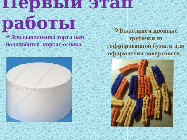 Первый этап работы Для выполнения торта нам понадобится каркас-основа. Выполняем двойные трубочки из гофрированной бумаги для оформления поверхности. Выполняем двойные трубочки из гофрированной бумаги для оформления поверхности. Выполняем двойные трубочки из гофрированной бумаги для оформления поверхности. 