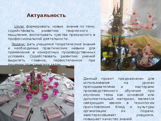 Актуальность  Цели: формировать новые знания по теме, содействовать развитию творческого мышления, воспитывать чувства прекрасного в профессиональной деятельности.  Задачи: дать учащимся теоретические знания и необходимые практические навыки для применения в конкретных производственных условиях. Содействовать развитию умений выделять главное, первостепенное при решении практических задач. Данный проект предназначен для использования на уроках преподавателями и мастерами производственного обучения при изучении темы как основной или дополнительный материал, является связующим звеном в технологии приготовления блюд и культуры организации их подачи, заинтересовывает учащихся, повышает качество знаний. 