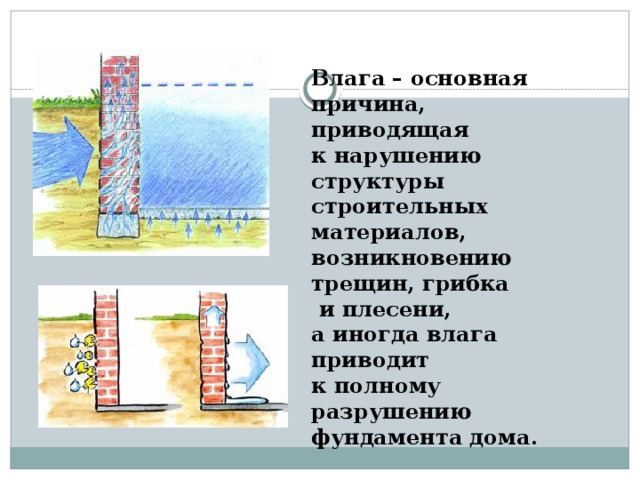 Влага – основная причина, приводящая к нарушению структуры строительных материалов, возникновению трещин, грибка  и плесени, а иногда влага приводит к полному разрушению фундамента дома. 