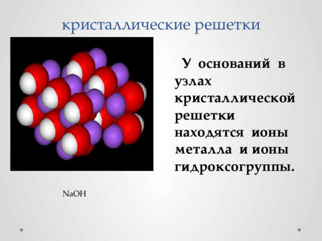 кристаллические решетки  У оснований в узлах кристаллической решетки находятся ионы металла и ионы гидроксогруппы. NaOH 