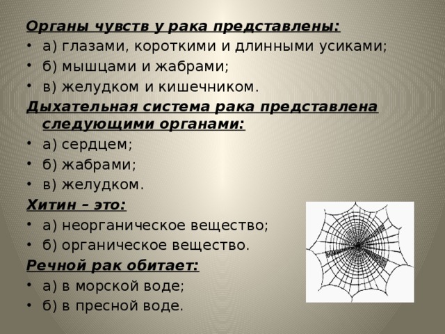 Органы чувств у рака представлены: а) глазами, короткими и длинными усиками; б) мышцами и жабрами; в) желудком и кишечником. Дыхательная система рака представлена следующими органами: а) сердцем; б) жабрами; в) желудком. Хитин – это: а) неорганическое вещество; б) органическое вещество. Речной рак обитает: