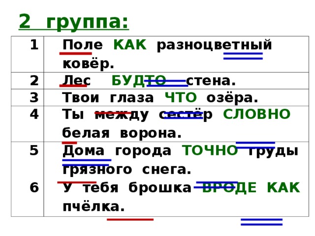 2 группа: 1 2 Поле КАК разноцветный ковёр. 3 Лес БУДТО стена. 4 Твои глаза ЧТО озёра. 5  6 Ты между сестёр СЛОВНО белая ворона. Дома города ТОЧНО груды грязного снега. У тебя брошка ВРОДЕ КАК пчёлка.