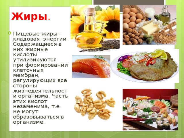 Жиры . Пищевые жиры – кладовая энергии. Содержащиеся в них жирные кислоты утилизируются при формировании клеточных мембран, регулирующих все стороны жизнедеятельности организма. Часть этих кислот незаменима, т.е. не могут образовываться в организме. 
