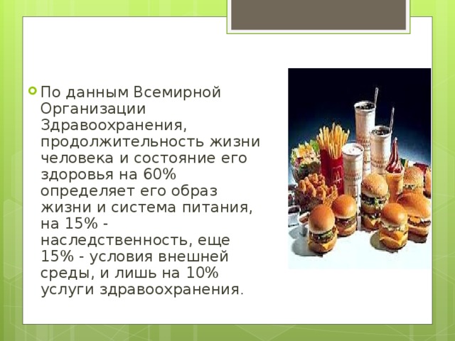 По данным Всемирной Организации Здравоохранения, продолжительность жизни человека и состояние его здоровья на 60% определяет его образ жизни и система питания, на 15% - наследственность, еще 15% - условия внешней среды, и лишь на 10% услуги здравоохранения . 