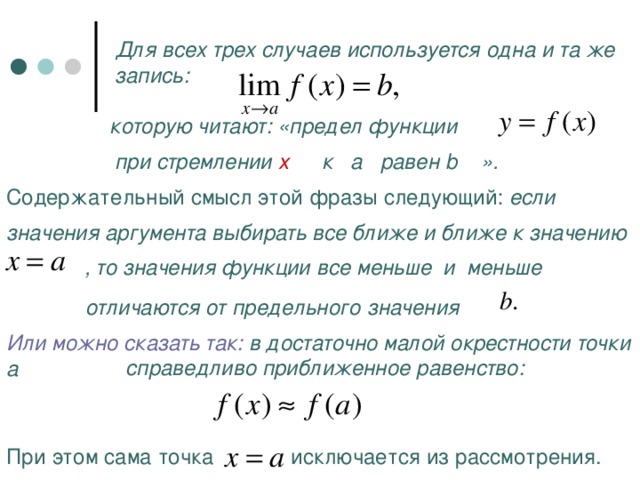 Для всех трех случаев используется одна и та же запись: которую читают: «предел функции при стремлении x  к a равен b ». Содержательный смысл этой фразы следующий: если значения аргумента выбирать все ближе и ближе к значению  , то значения функции все меньше и меньше  отличаются от предельного значения  Или можно сказать так: в достаточно малой окрестности точки а  справедливо приближенное равенство: При этом сама точка исключается из рассмотрения. 