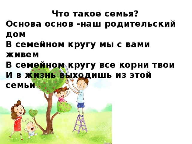 Что такое семья? Основа основ -наш родительский дом В семейном кругу мы с вами живем В семейном кругу все корни твои И в жизнь выходишь из этой семьи    