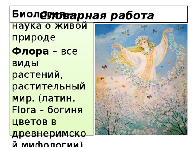Словарная работа Биология – наука о живой природе Флора – все виды растений, растительный мир. (латин. Flora – богиня цветов в древнеримской мифологии)