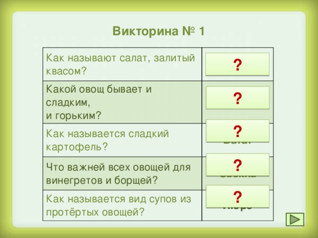 Викторина № 1 Как называют салат, залитый квасом? Окрошка Какой овощ бывает и сладким, и горьким? Перец Как называется сладкий картофель? Батат Что важней всех овощей для винегретов и борщей? Как называется вид супов из протёртых овощей? Свёкла Пюре ? ? ? ? ?