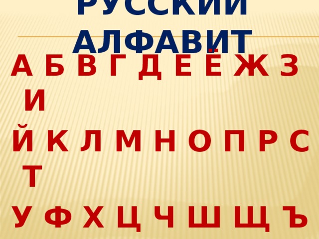 Русский алфавит А Б В Г Д Е Ё Ж З И Й К Л М Н О П Р С Т У Ф Х Ц Ч Ш Щ Ъ Ы Ь Э Ю Я 