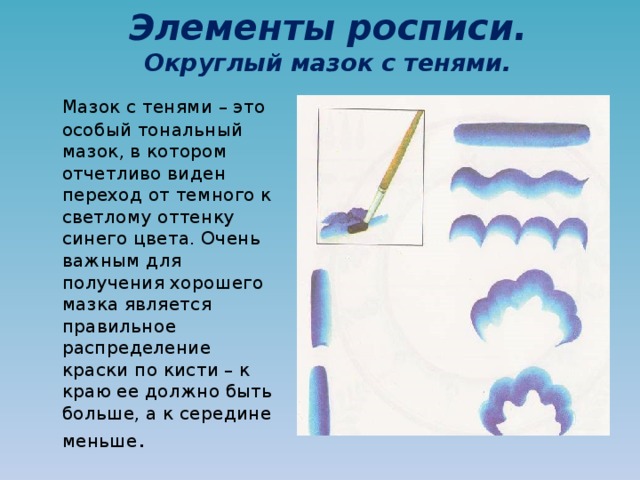 Элементы росписи.  Округлый мазок с тенями.  Мазок с тенями – это особый тональный мазок, в котором отчетливо виден переход от темного к светлому оттенку синего цвета. Очень важным для получения хорошего мазка является правильное распределение краски по кисти – к краю ее должно быть больше, а к середине меньше . 